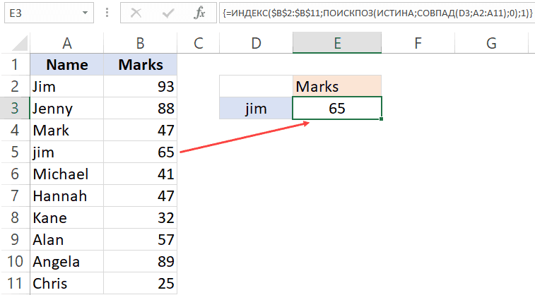 Комбинация функций ИНДЕКС и ПОИСКПОЗ в Excel
