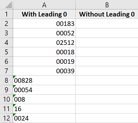 Как удалить нули в начале чисел Excel